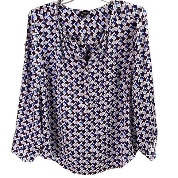 Talbots Women's Plus Size 2X V-Neck Patterned Semi Sheer Blouse White Blue - Picture 1 of 10